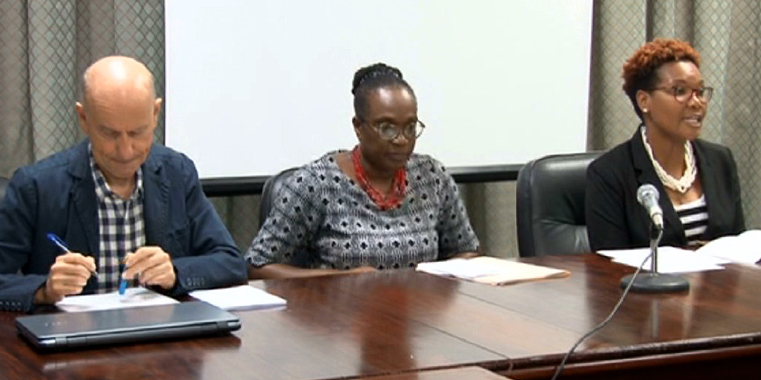 From left: EU Delegate Andrea Serpagli, Permanent Secretary in the Ministry of Foreign Affairs, Trade and Commerce Sandy Peters-Phillips, and Director of Trade Okolo John-Patrick. (Photo: API)
